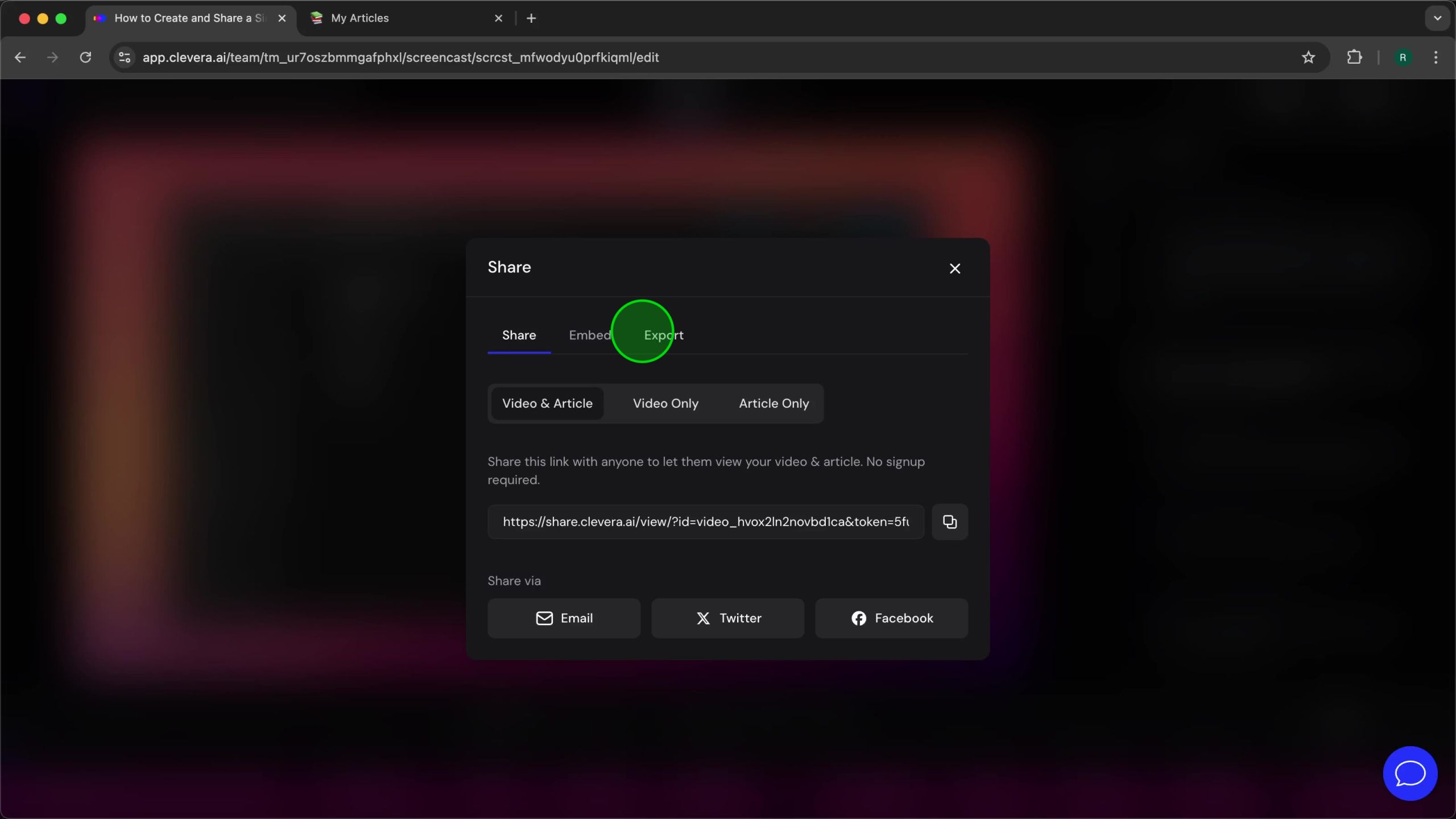 Share dialog box with Export tab highlighted